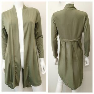 Notations Cardigan Women Small Olive Green Chiffon Back High Low Open Front